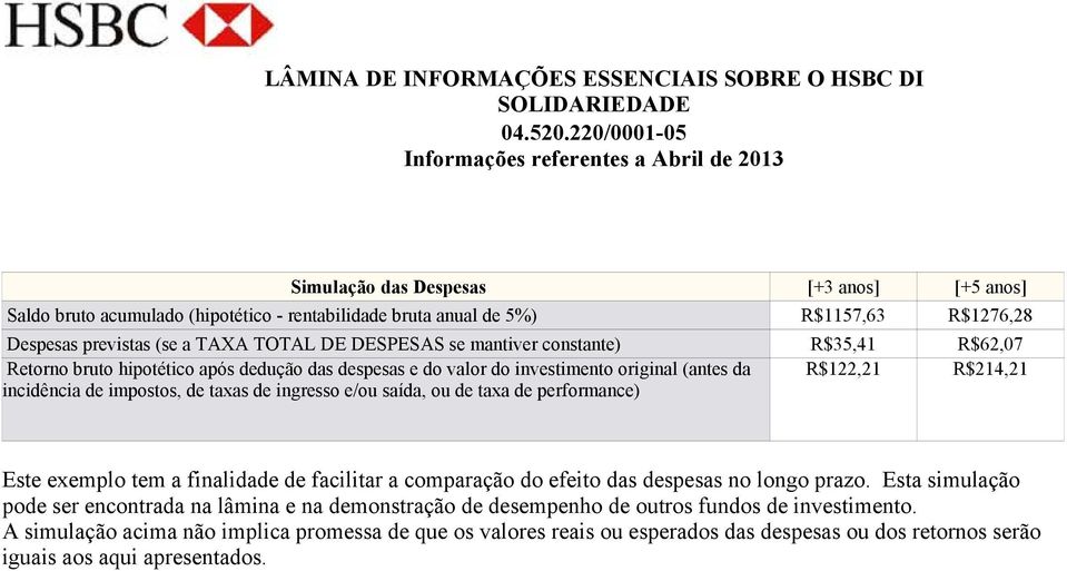 ingresso e/ou saída, ou de taxa de performance) Este exemplo tem a finalidade de facilitar a comparação do efeito das despesas no longo prazo.