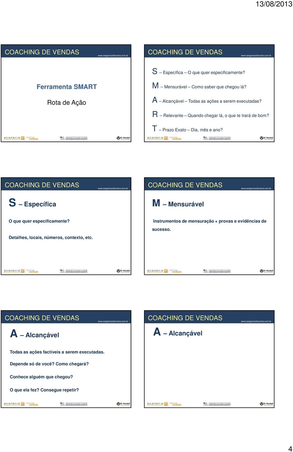 S Específica M Mensurável O que quer especificamente? Detalhes, locais, números, contexto, etc.