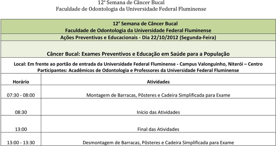 Centro Participantes: Acadêmicos de Odontologia e Professores da Universidade Federal Fluminense Atividades 07:30-08:00 Montagem de Barracas, Pôsteres e