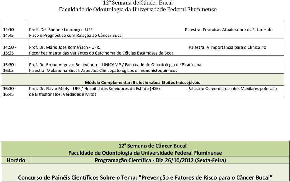 Mário José Romañach - UFRJ Reconhecimento das Variantes do Carcinoma de Células Escamosas da Boca Palestra: Pesquisas Atuais sobre os Fatores de Palestra: A Importância para o Clínico no 15:30-16:05