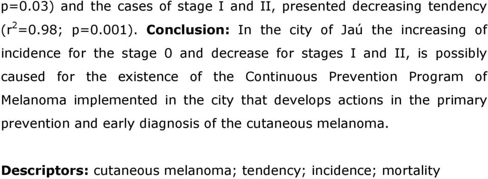 possibly caused for the existence of the Continuous Prevention Program of Melanoma implemented in the city that