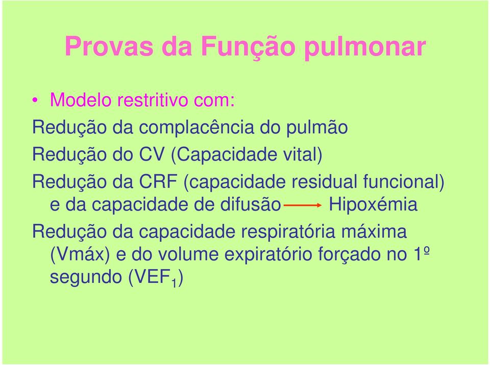 funcional) e da capacidade de difusão Hipoxémia Redução da capacidade