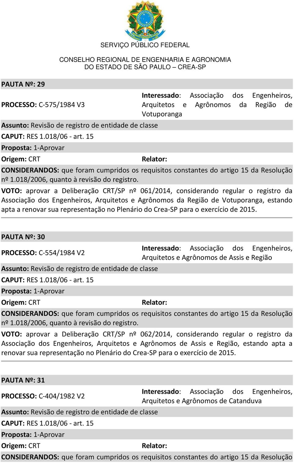 2015. PAUTA Nº: 30 PROCESSO: C-554/1984 V2 Interessado: Associação dos Engenheiros, Arquitetos e Agrônomos de Assis e Região VOTO: aprovar a Deliberação CRT/SP nº 062/2014, considerando regular o