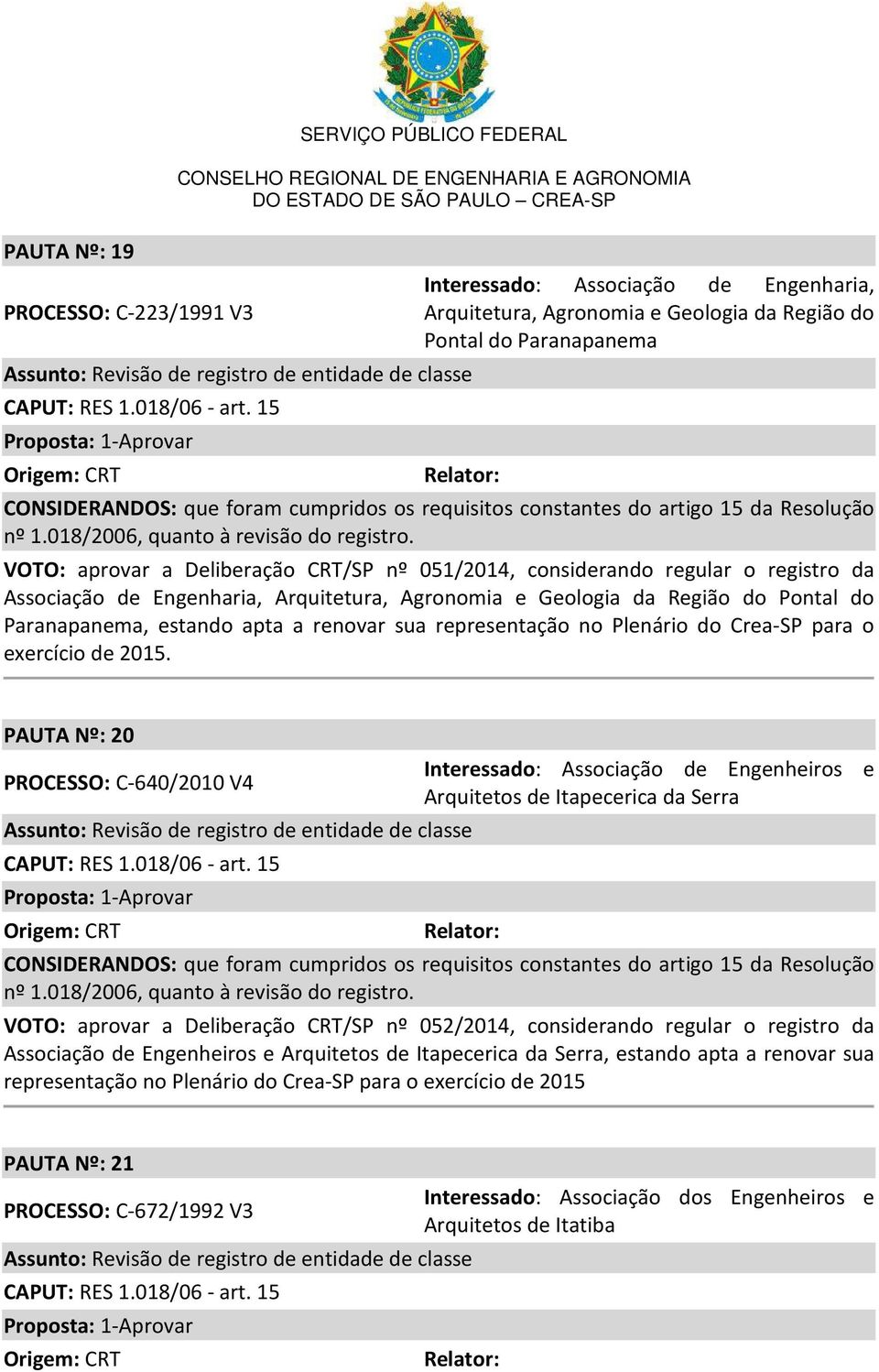 Plenário do Crea-SP para o exercício de 2015.