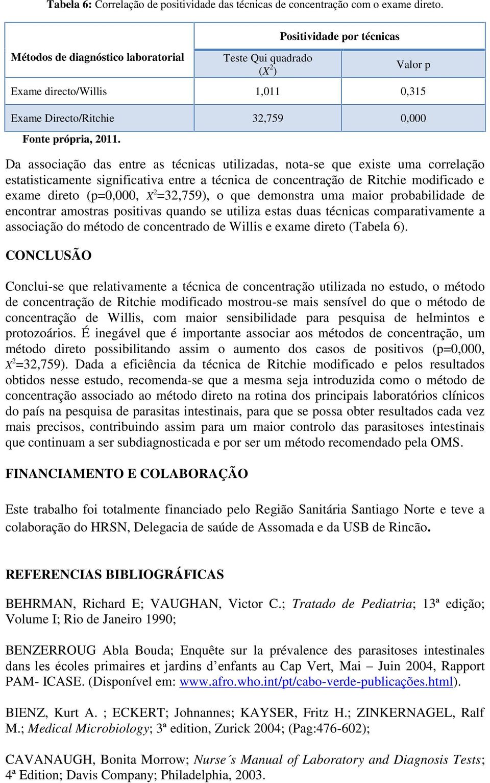 utilizadas, nota-se que existe uma correlação estatisticamente significativa entre a técnica de concentração de Ritchie modificado e exame direto (p=0,000, X 2 =32,759), o que demonstra uma maior