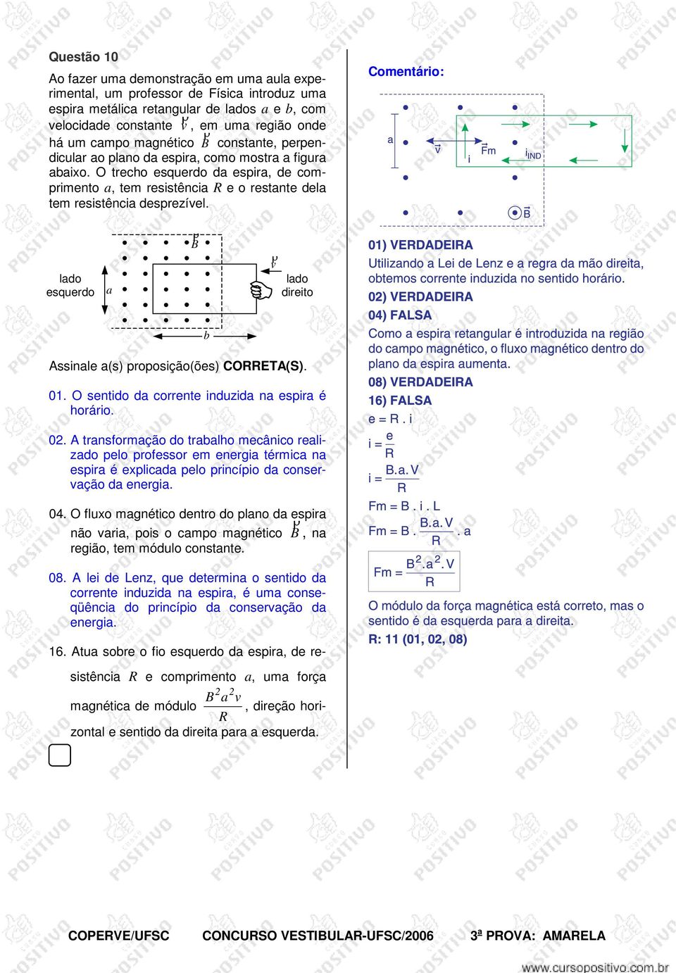 O trecho esquerdo da espira, de comprimento a, tem resistência e o restante dela tem resistência desprezível. lado esquerdo a B ρ v ρ lado direito Assinale a(s) proposição(ões) OETA(S). 0.