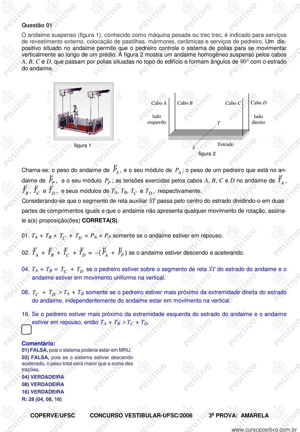 A figura mostra um andaime homogêneo suspenso pelos cabos A, B, e D, que passam por polias situadas no topo do edifício e formam ângulos de 90 com o estrado do andaime.