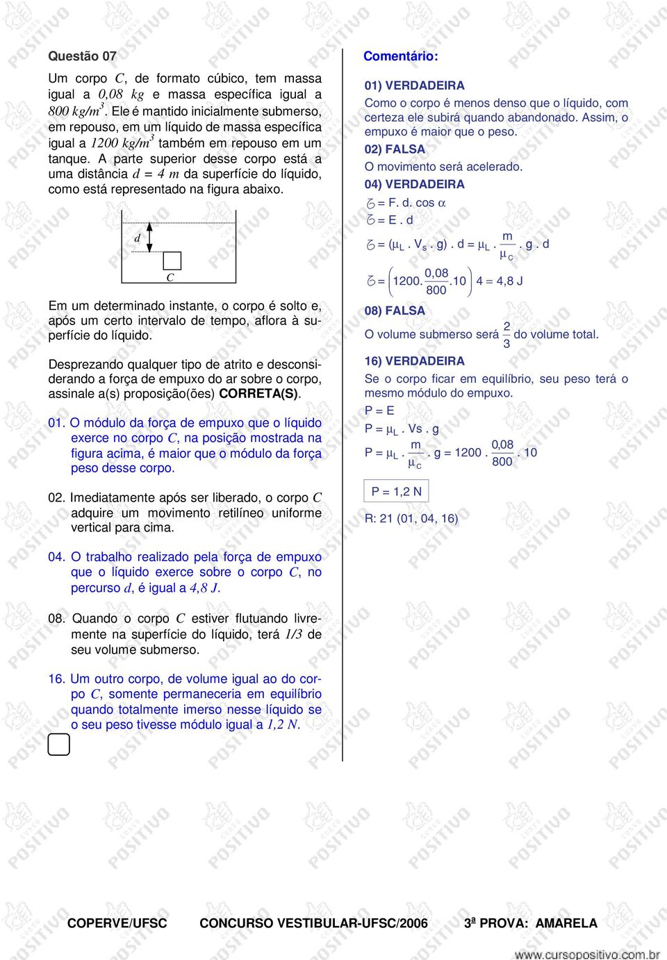 A parte superior desse corpo está a uma distância d = 4 m da superfície do líquido, como está representado na figura abaixo.