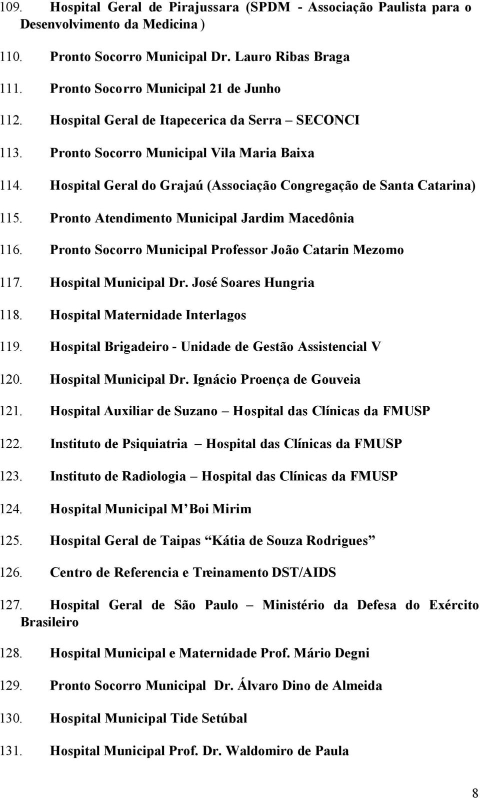 Pronto Atendimento Municipal Jardim Macedônia 116. Pronto Socorro Municipal Professor João Catarin Mezomo 117. Hospital Municipal Dr. José Soares Hungria 118. Hospital Maternidade Interlagos 119.