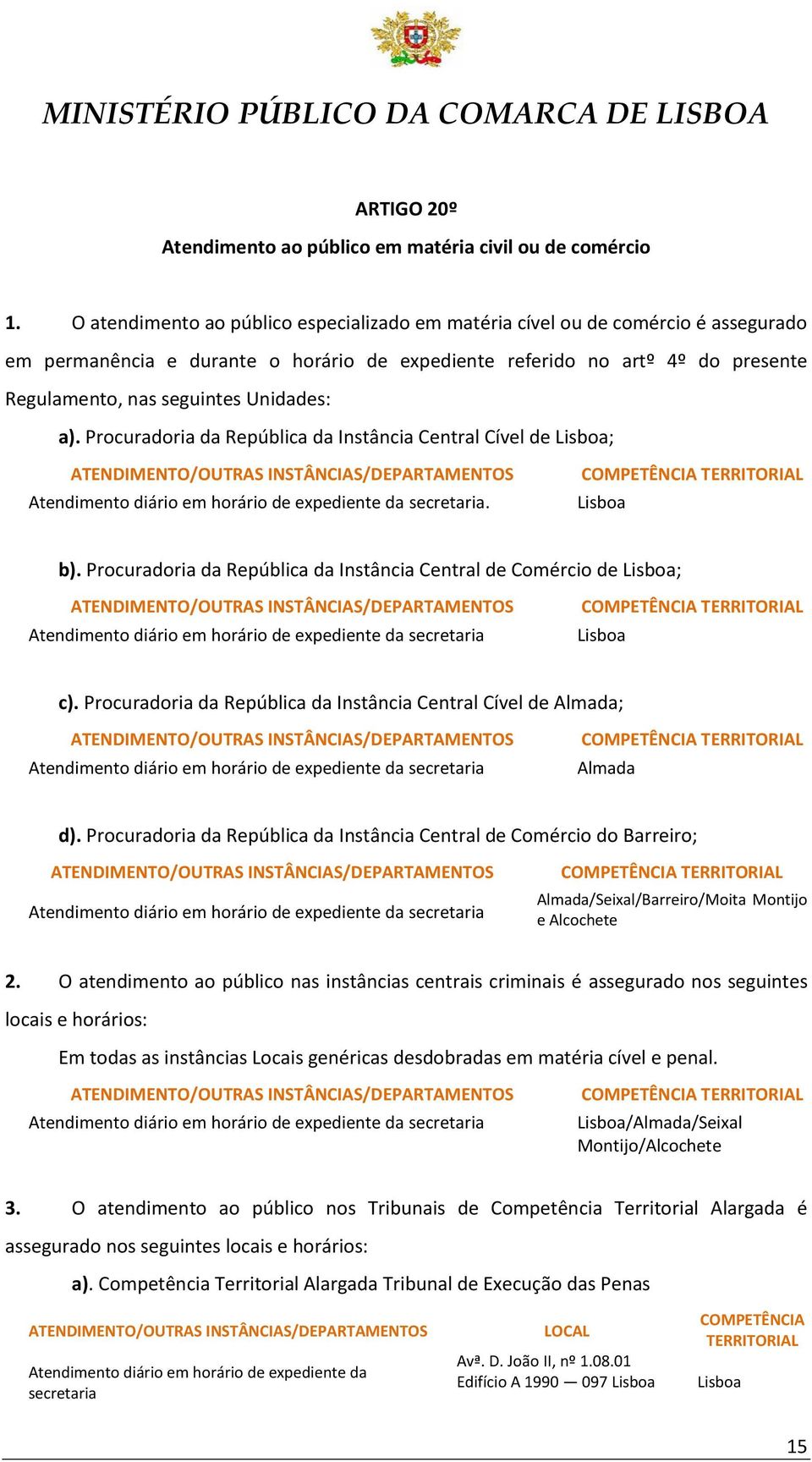 Unidades: a). Procuradoria da República da Instância Central Cível de Lisboa;. Lisboa b). Procuradoria da República da Instância Central de Comércio de Lisboa; Lisboa c).