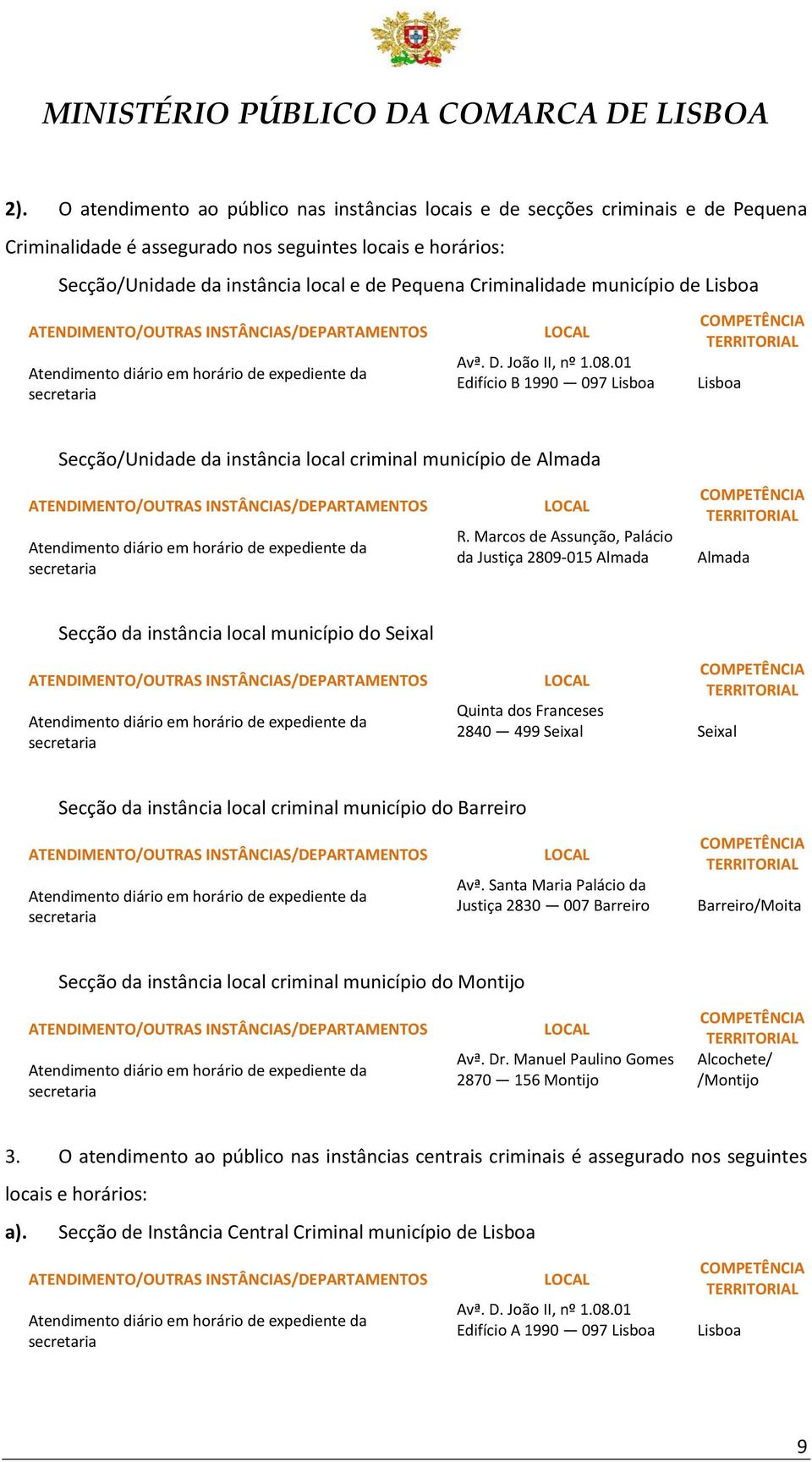 Marcos de Assunção, Palácio da Justiça 2809-015 Almada Almada Secção da instância local município do Seixal Quinta dos Franceses 2840 499 Seixal Seixal Secção da instância local criminal município do