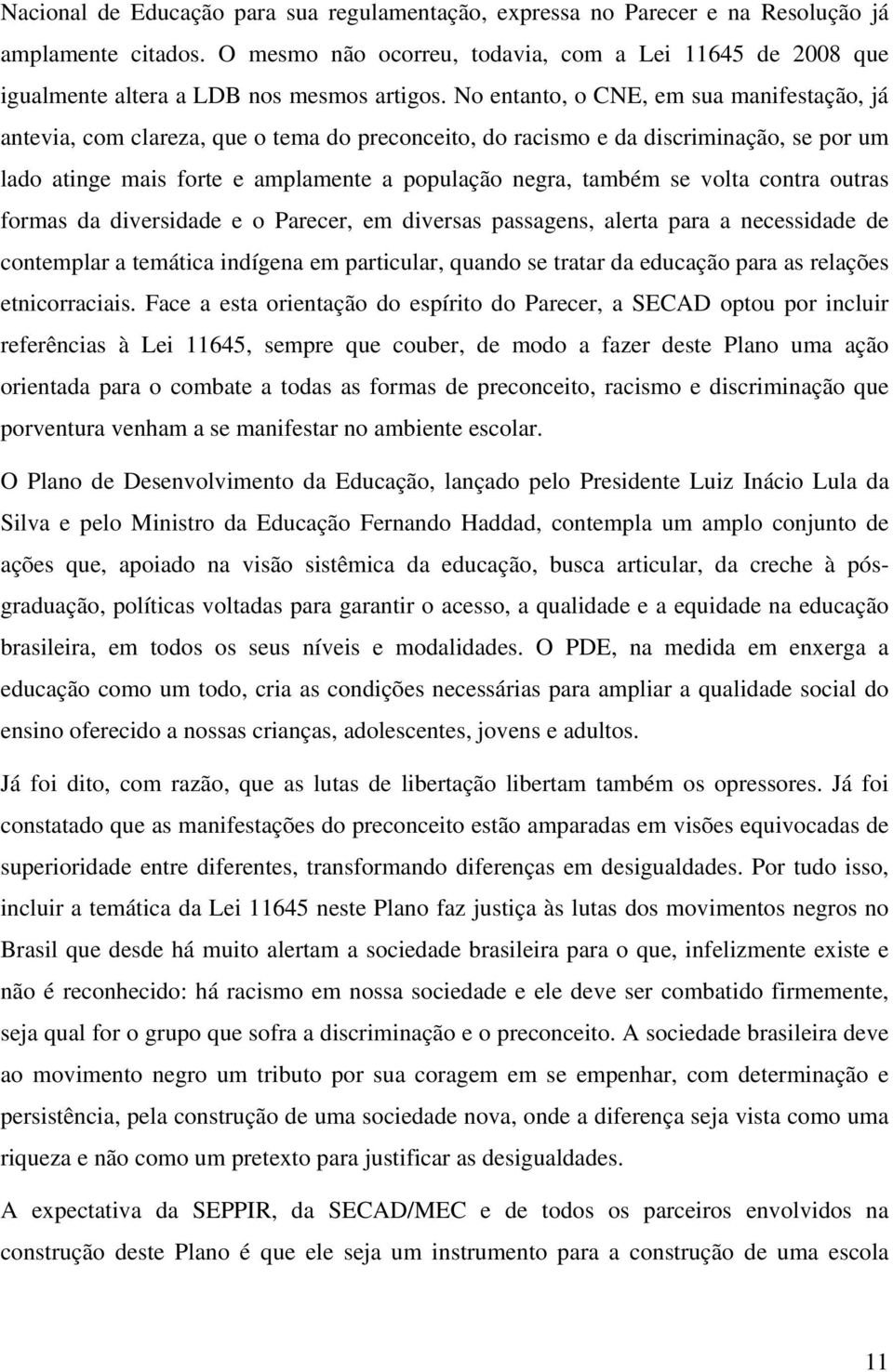 No entanto, o CNE, em sua manifestação, já antevia, com clareza, que o tema do preconceito, do racismo e da discriminação, se por um lado atinge mais forte e amplamente a população negra, também se