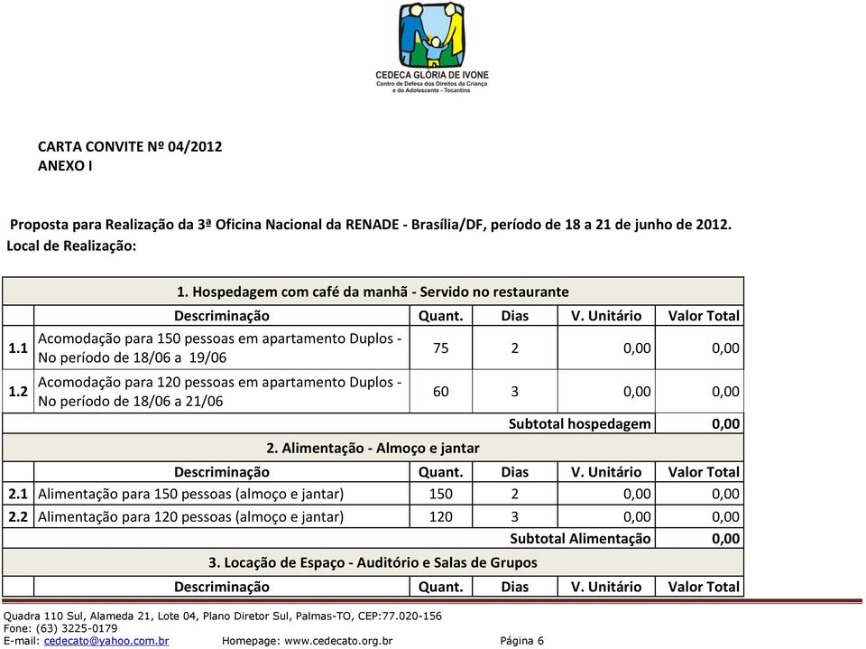 período de 18/06 a 21/06 2. Alimentação - Almoço e jantar 75 2 0,00 0,00 60 3 0,00 0,00 Subtotal hospedagem 0,00 2.1 Alimentação para 150 pessoas (almoço e jantar) 150 2 0,00 0,00 2.