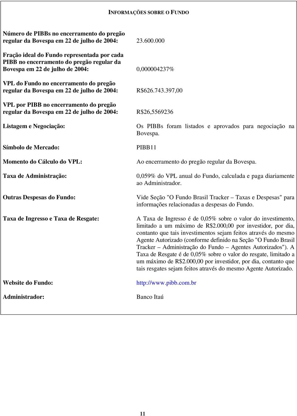 de julho de 2004: VPL por PIBB no encerramento do pregão regular da Bovespa em 22 de julho de 2004: Listagem e Negociação: Símbolo de Mercado: Momento do Cálculo do VPL: Taxa de Administração: Outras