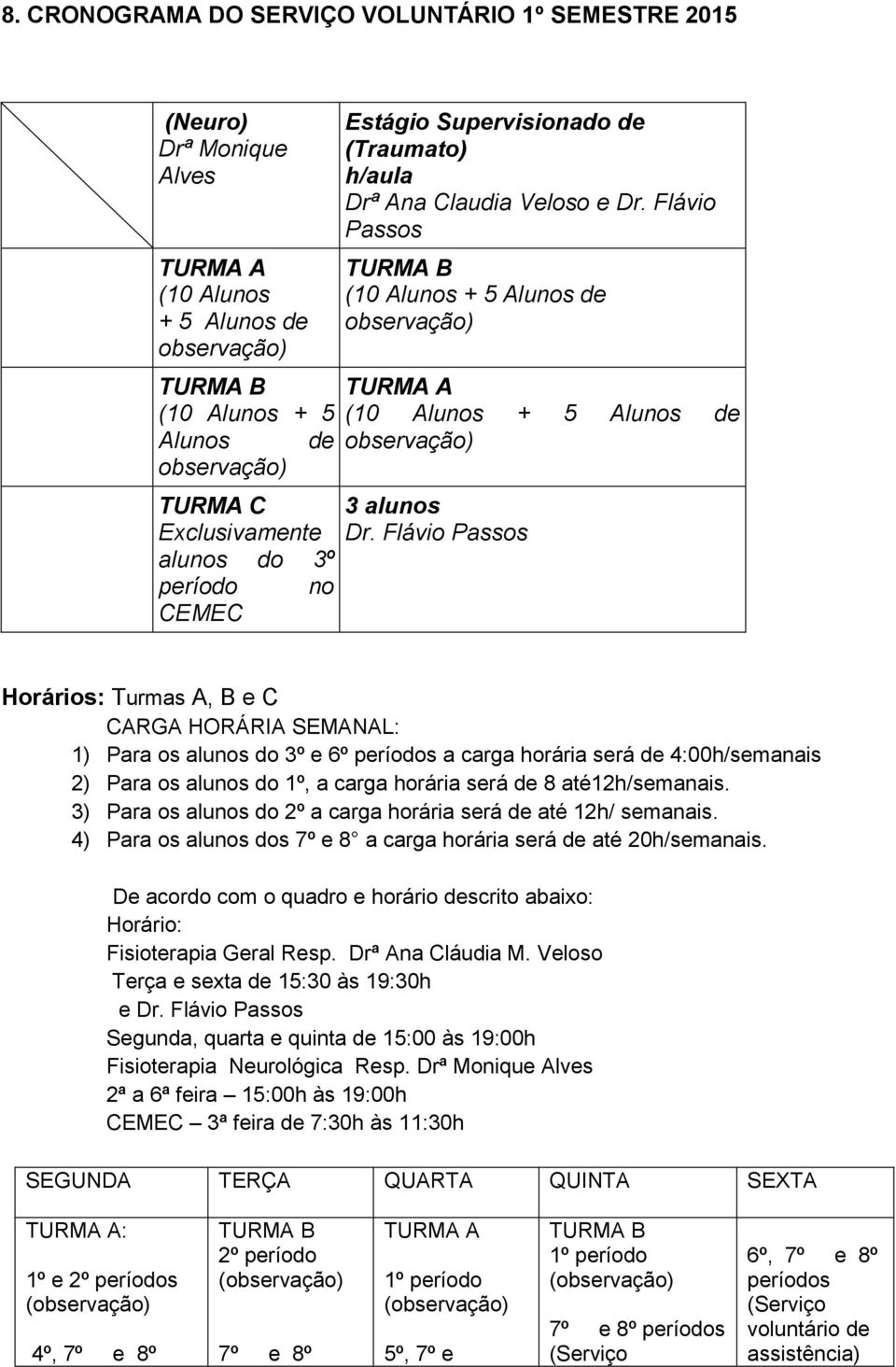 Flávio Passos TURMA B (10 Alunos + 5 Alunos de observação) TURMA A (10 Alunos + 5 Alunos de observação) 3 alunos Dr.