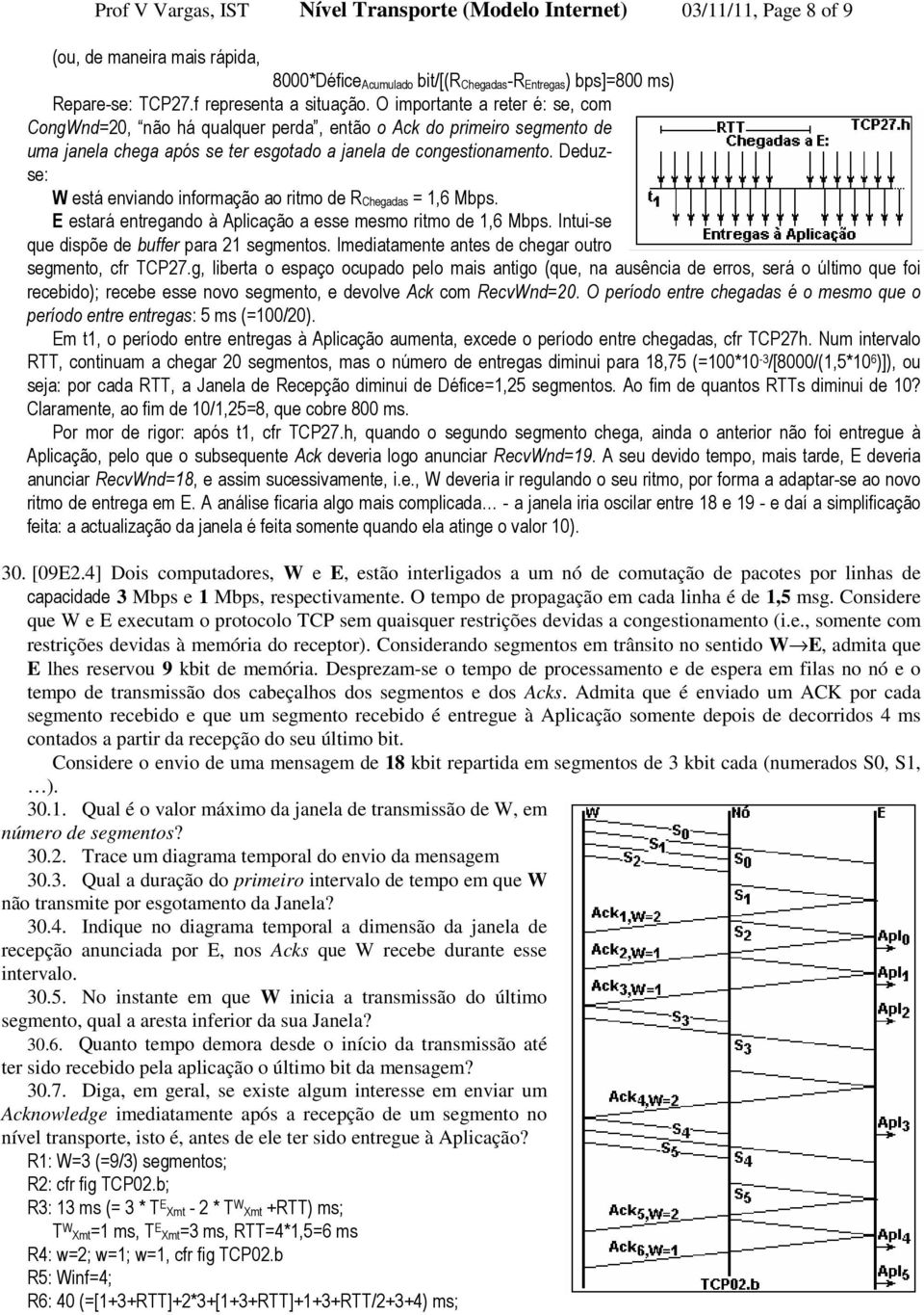 Deduzse: W está enviando informação ao ritmo de R Chegadas = 1,6 Mbps. E estará entregando à Aplicação a esse mesmo ritmo de 1,6 Mbps. Intui-se que dispõe de buffer para 21 segmentos.