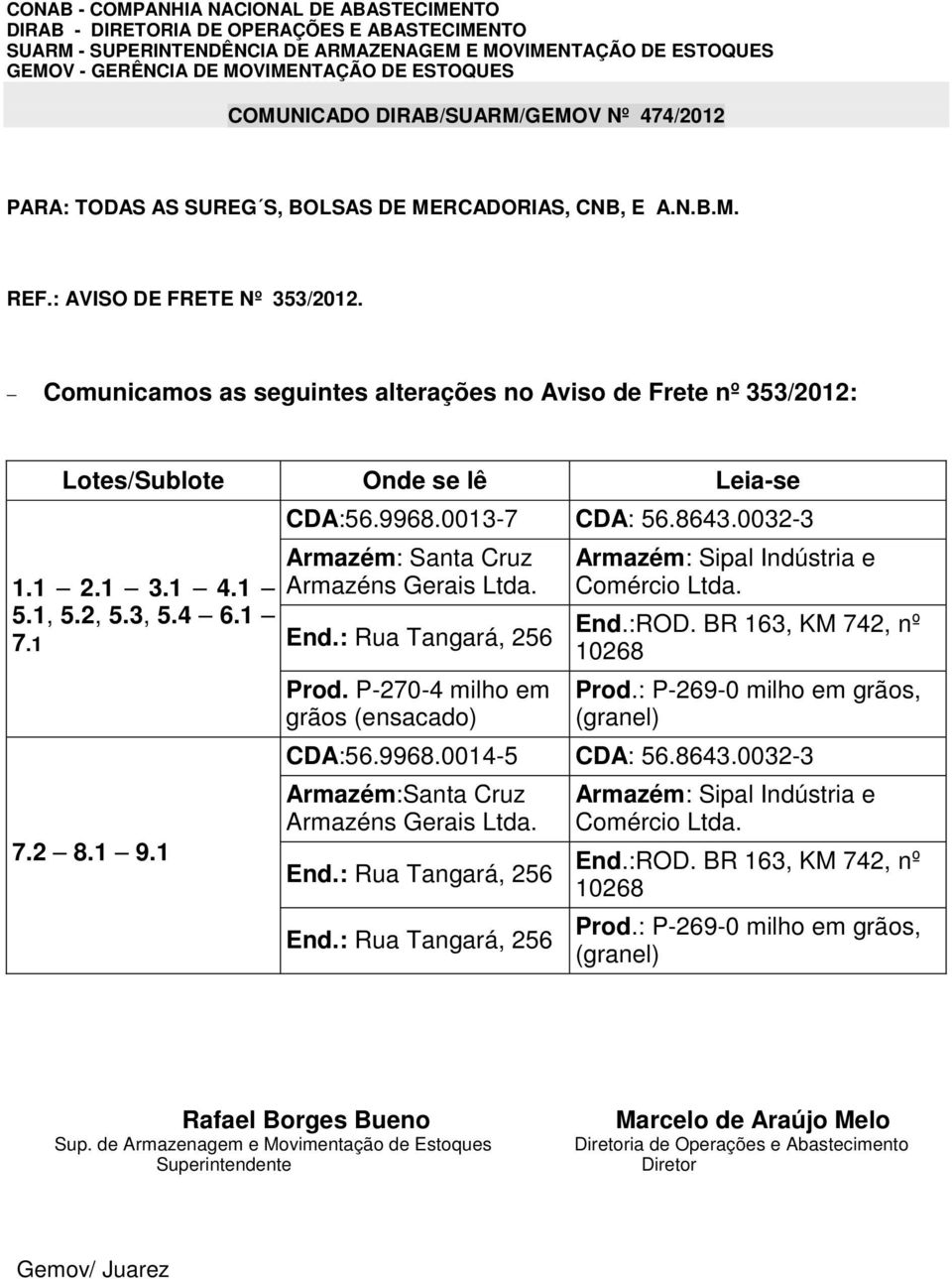 P-270-4 milho em grãos (ensacado) Armazém: Sipal Indústria e Comércio Ltda. End.:ROD. BR 163, KM 742, nº 10268 Prod.: P-269-0 milho em grãos, (granel) CDA:56.9968.