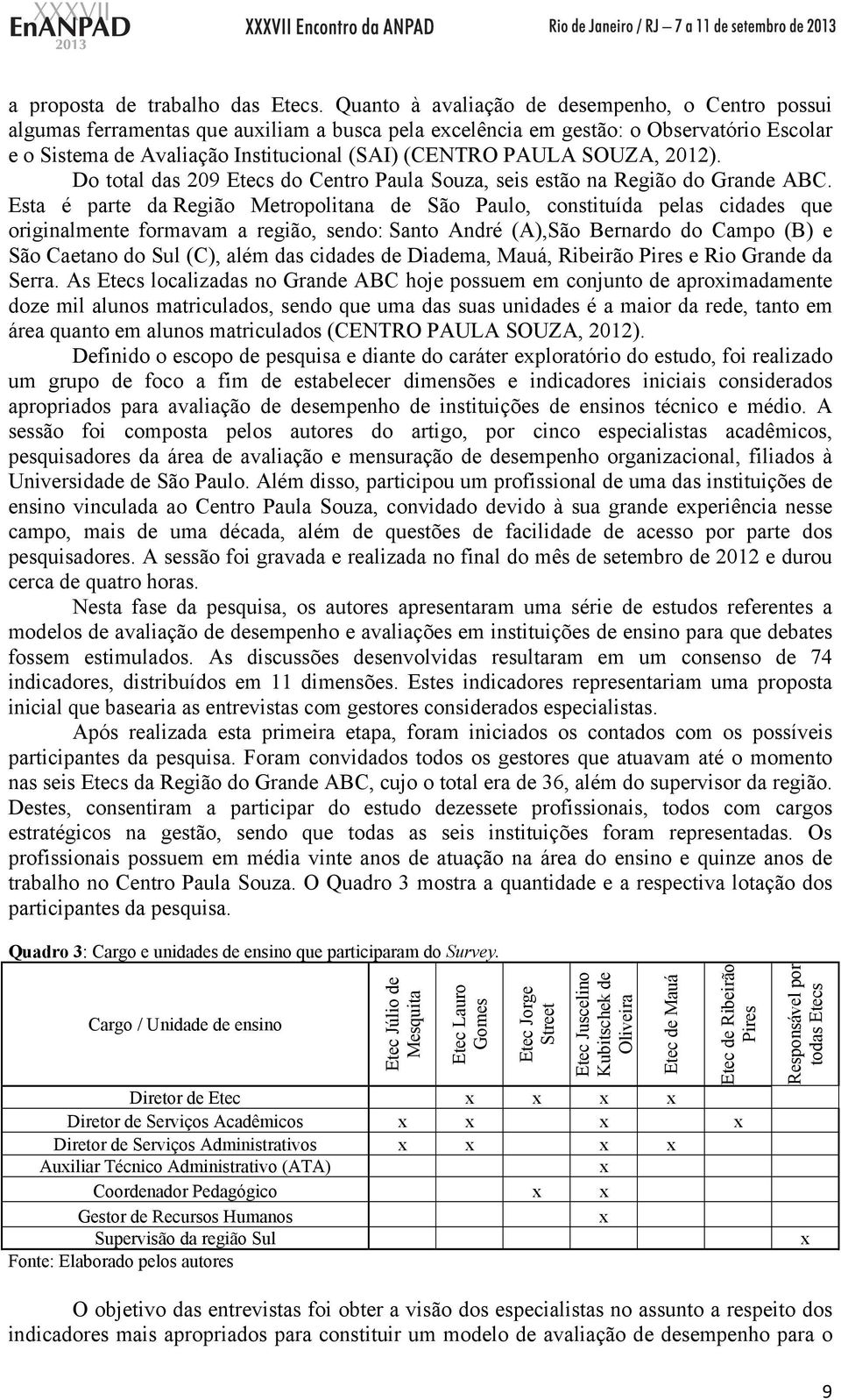 SOUZA, 2012). Do total das 209 Etecs do Centro Paula Souza, seis estão na Região do Grande ABC.