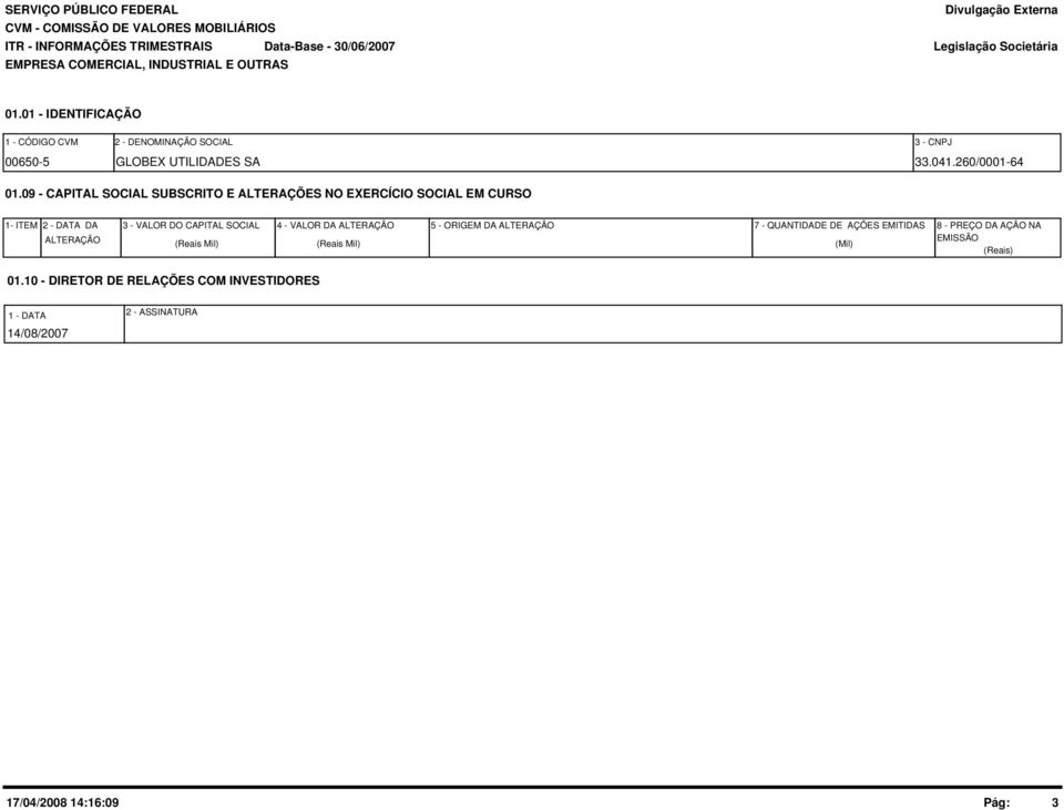 09 - CAPITAL SOCIAL SUBSCRITO E ALTERAÇÕES NO EXERCÍCIO SOCIAL EM CURSO 1- ITEM 2 - DATA DA ALTERAÇÃO 3 - VALOR DO CAPITAL SOCIAL (Reais Mil) 4 -