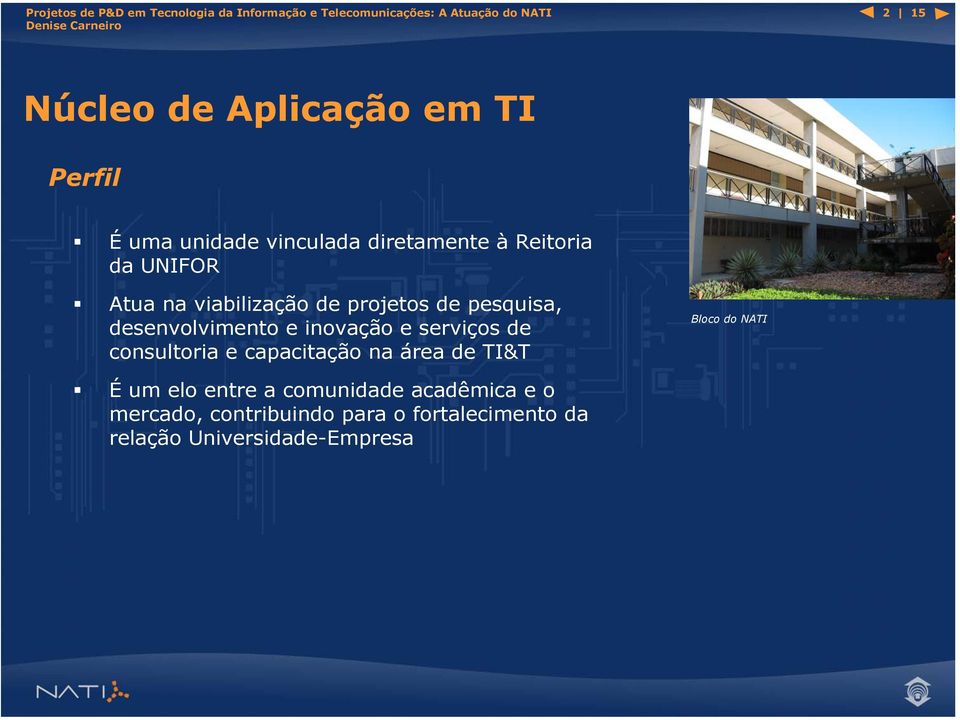 serviços de consultoria e capacitação na área de TI&T Bloco do NATI É um elo entre a