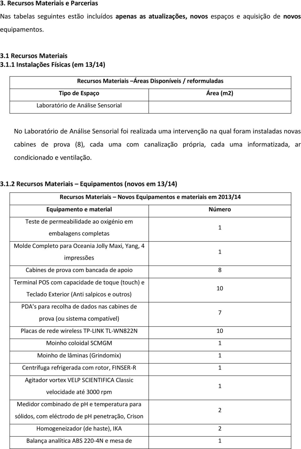 1 Instalações Físicas (em 13/14) Recursos Materiais Áreas Disponíveis / reformuladas Tipo de Espaço Laboratório de Análise Sensorial Área (m2) No Laboratório de Análise Sensorial foi realizada uma