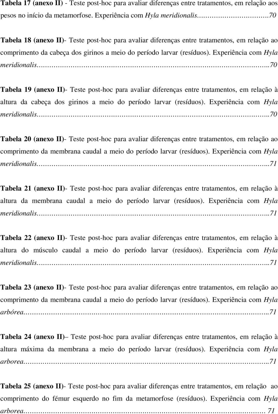 Experiência com Hyla meridionalis..70 Tabela 19 (anexo II)- Teste post-hoc para avaliar diferenças entre tratamentos, em relação à altura da cabeça dos girinos a meio do período larvar (resíduos).