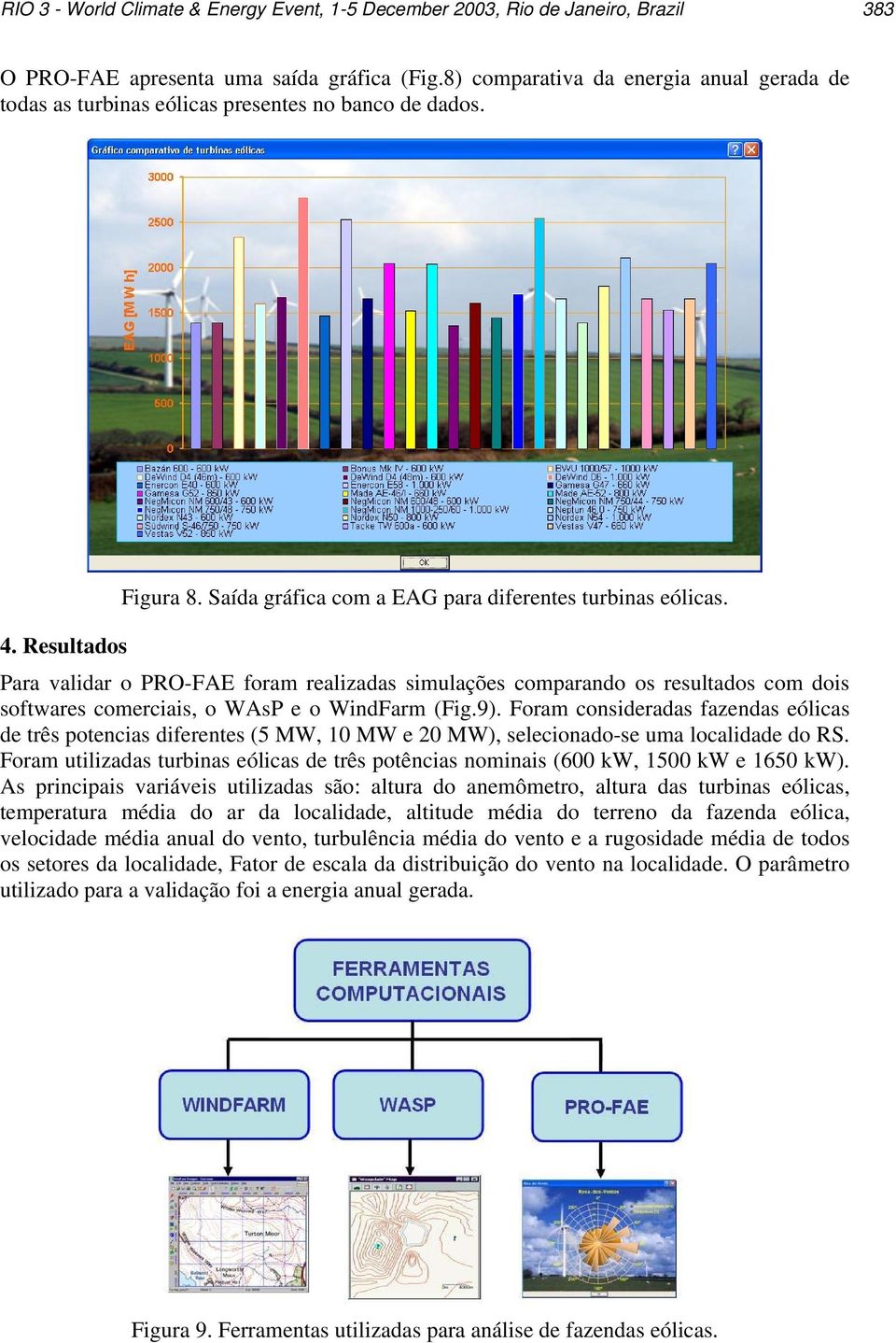 Resultados Para validar o PRO-FAE foram realizadas simulações comparando os resultados com dois softwares comerciais, o WAsP e o WindFarm (Fig.9).