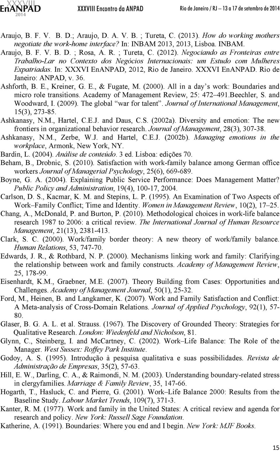 36. Ashforth, B. E., Kreiner, G. E., & Fugate, M. (2000). All in a day s work: Boundaries and micro role transitions. Academy of Management Review, 25: 472 491.Beechler, S. and Woodward, I. (2009).