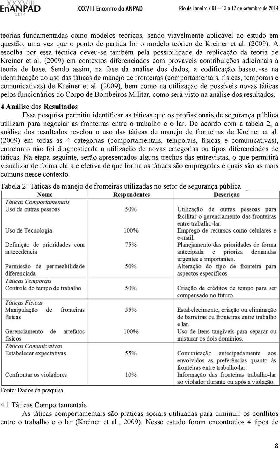 Sendo assim, na fase da análise dos dados, a codificação baseou-se na identificação do uso das táticas de manejo de fronteiras (comportamentais, físicas, temporais e comunicativas) de Kreiner et al.