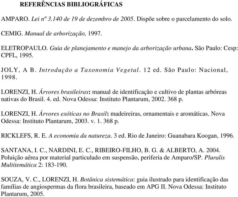 Árvores brasileiras: manual de identificação e cultivo de plantas arbóreas nativas do Brasil. 4. ed. Nova Odessa: Instituto Plantarum, 2002. 368 p. LORENZI, H.