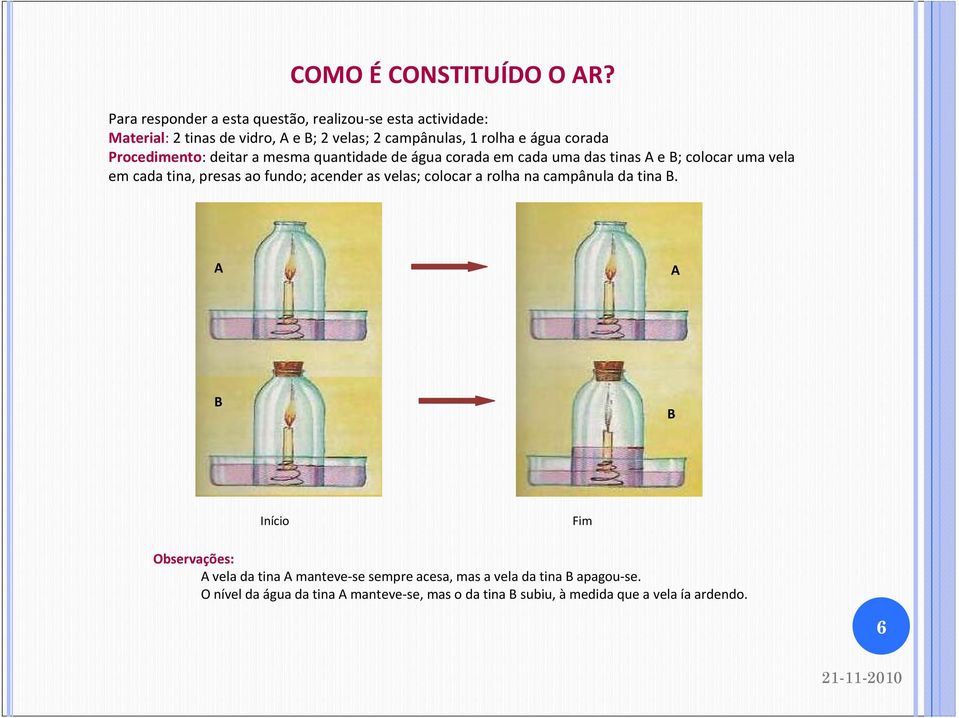 corada Procedimento: deitar a mesma quantidade de água corada em cada uma das tinas A e B; colocar uma vela em cada tina, presas ao fundo;