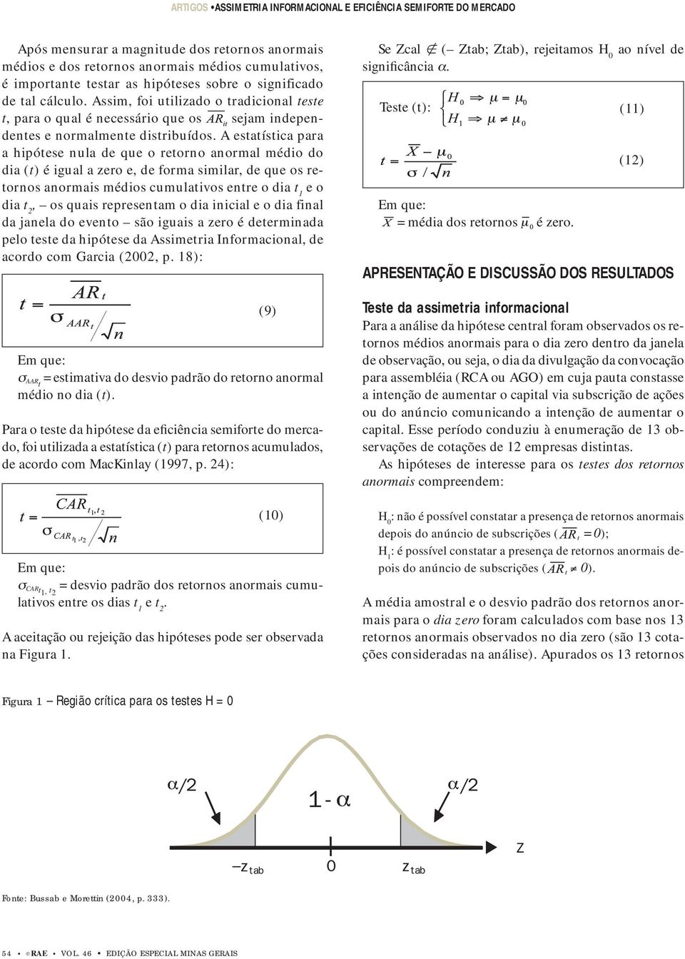 A estatística para a hipótese nula de que o retorno anormal médio do dia (t) é igual a zero e, de forma similar, de que os retornos anormais médios cumulativos entre o dia t 1 e o dia t 2, os quais