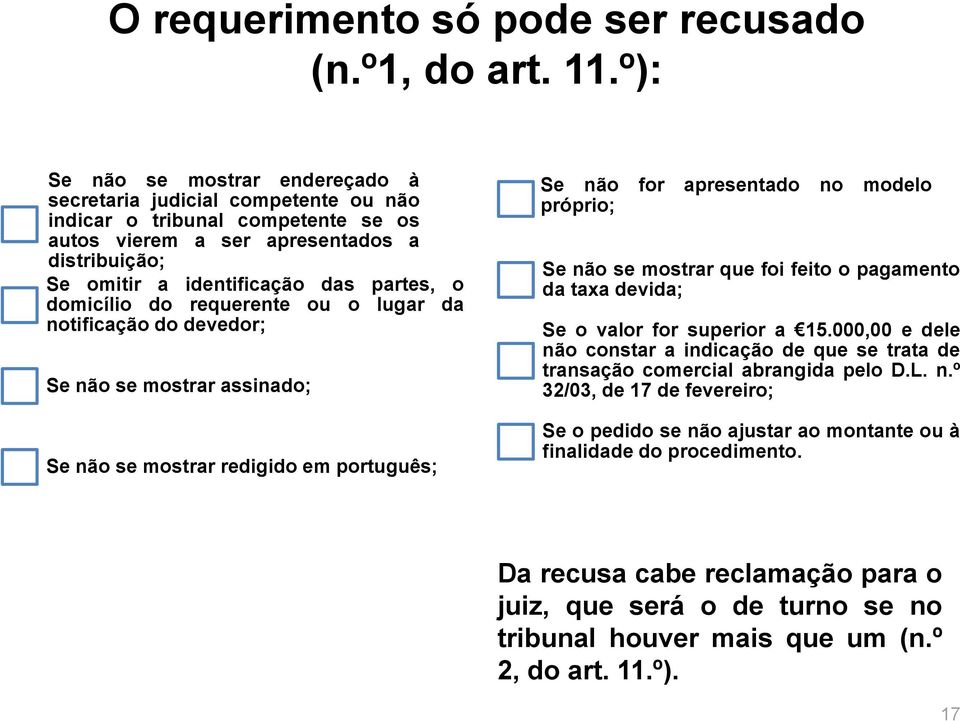 domicílio do requerente ou o lugar da notificação do devedor; Se não se mostrar assinado; Se não se mostrar redigido em português; Se não for apresentado no modelo próprio; Se não se mostrar que foi