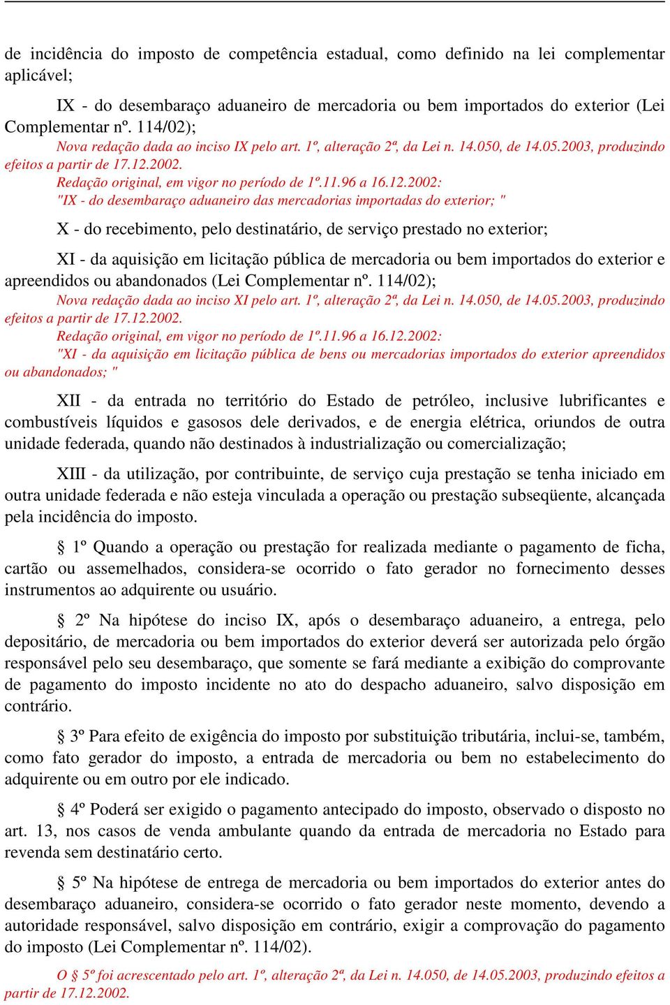 12.2002: "IX - do desembaraço aduaneiro das mercadorias importadas do exterior; " X - do recebimento, pelo destinatário, de serviço prestado no exterior; XI - da aquisição em licitação pública de