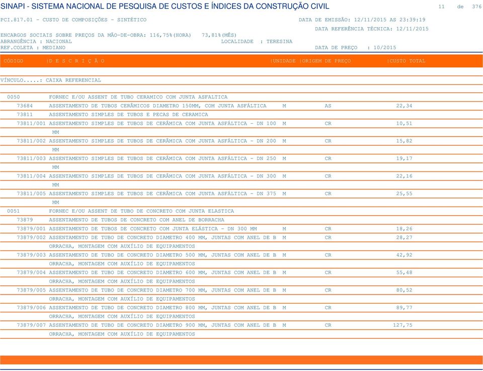 MM 73811/003 ASSENTAMENTO SIMPLES DE TUBOS DE CERÂMICA COM JUNTA ASFÁLTICA - DN 250 M CR 19,17 MM 73811/004 ASSENTAMENTO SIMPLES DE TUBOS DE CERÂMICA COM JUNTA ASFÁLTICA - DN 300 M CR 22,16 MM