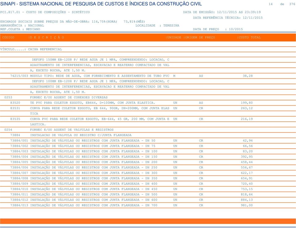 ESCAVACAO E REATERRO COMPACTADO DE VAL A, EXCETO ROCHA, ATE 1,50 M. 0253 FORNEC E/OU ASSENT DE CONEXOES DIVERSAS 83520 TE PVC PARA COLETOR ESGOTO, EB644, D=100MM, COM JUNTA ELASTICA.