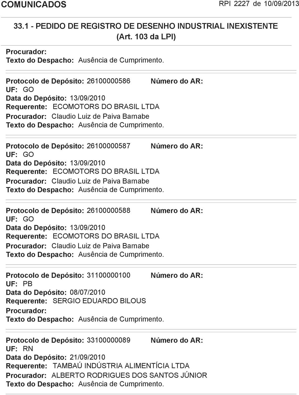 Número do AR: UF: GO Data do Depósito: 13/09/2010 Requerente: ECOMOTORS DO BRASIL LTDA Claudio Luiz de Paiva Barnabe Protocolo de Depósito: 26100000588 Número do AR: UF: GO Data do Depósito: