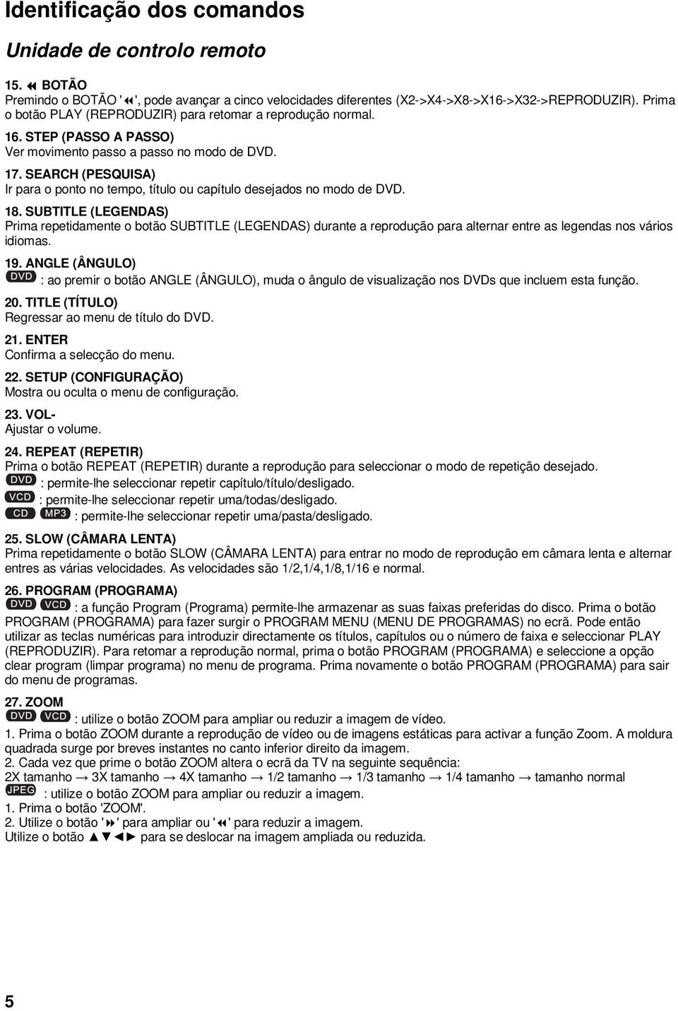 SEARCH (PESQUISA) Ir para o ponto no tempo, título ou capítulo desejados no modo de DVD. 18.