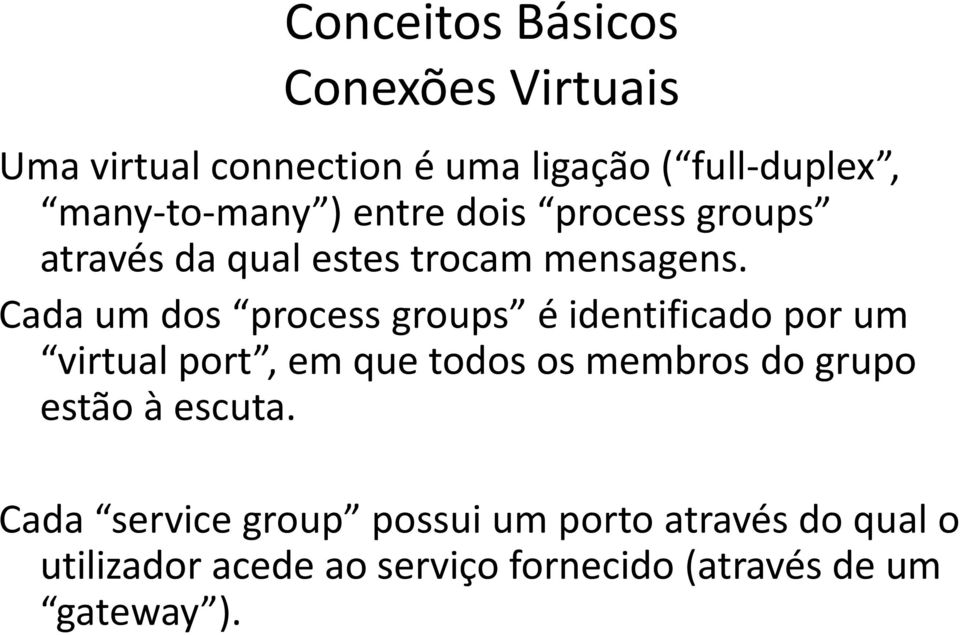 Cada um dos process groups é identificado por um virtual port, em que todos os membros do grupo