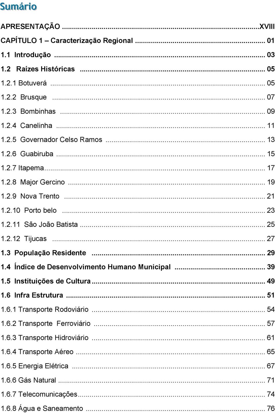 .. 27 1.3 População Residente... 29 1.4 Índice de Desenvolvimento Humano Municipal... 39 1.5 Instituições de Cultura... 49 1.6 Infra Estrutura... 51 1.6.1 Transporte Rodoviário... 54 1.6.2 Transporte Ferroviário.