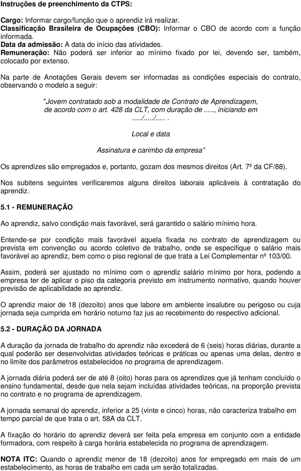 Na parte de Anotações Gerais devem ser informadas as condições especiais do contrato, observando o modelo a seguir: "Jovem contratado sob a modalidade de Contrato de Aprendizagem, de acordo com o art.