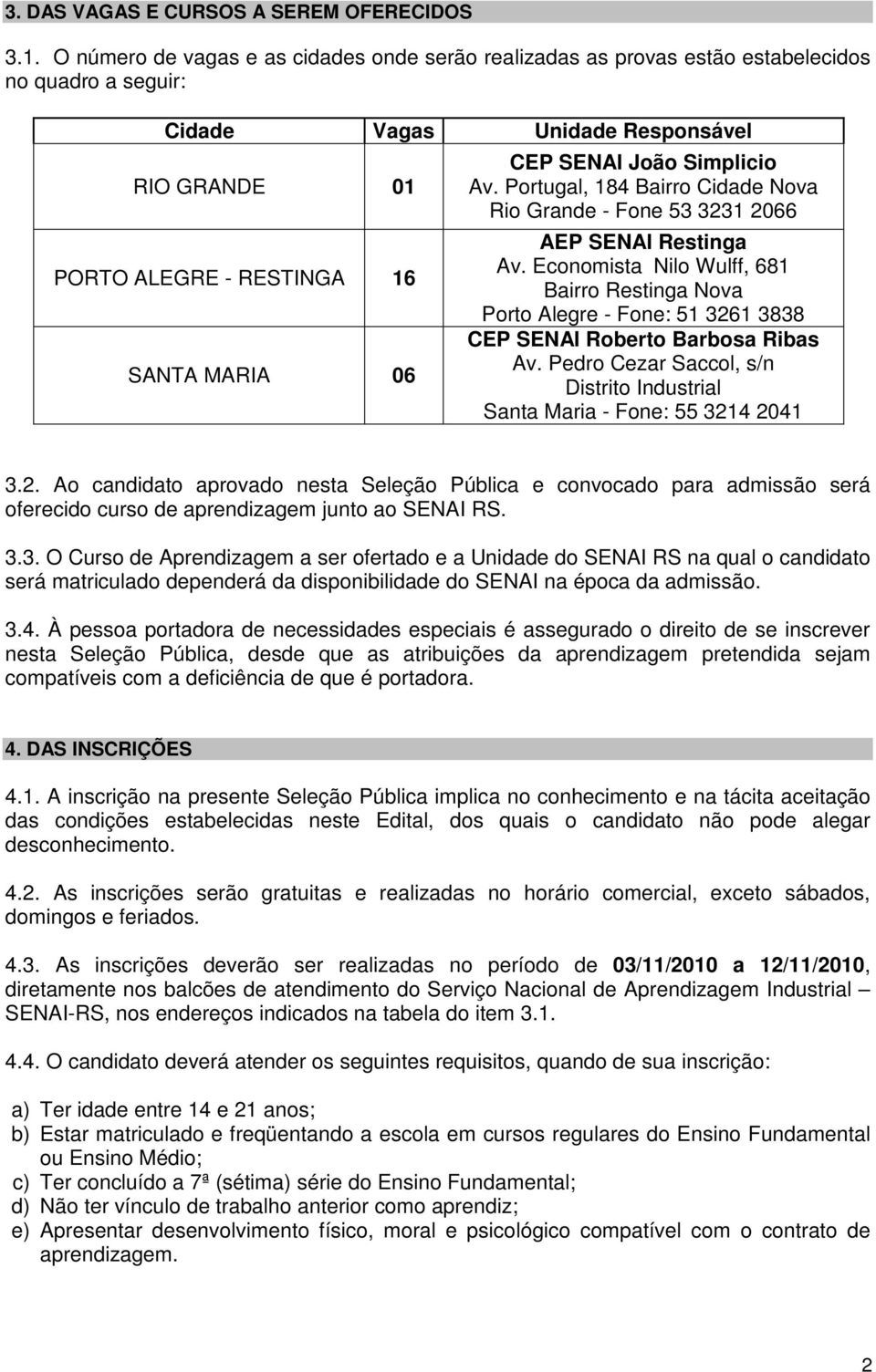 SENAI João Simplicio Av. Portugal, 184 Bairro Cidade Nova Rio Grande - Fone 53 3231 2066 AEP SENAI Restinga Av.