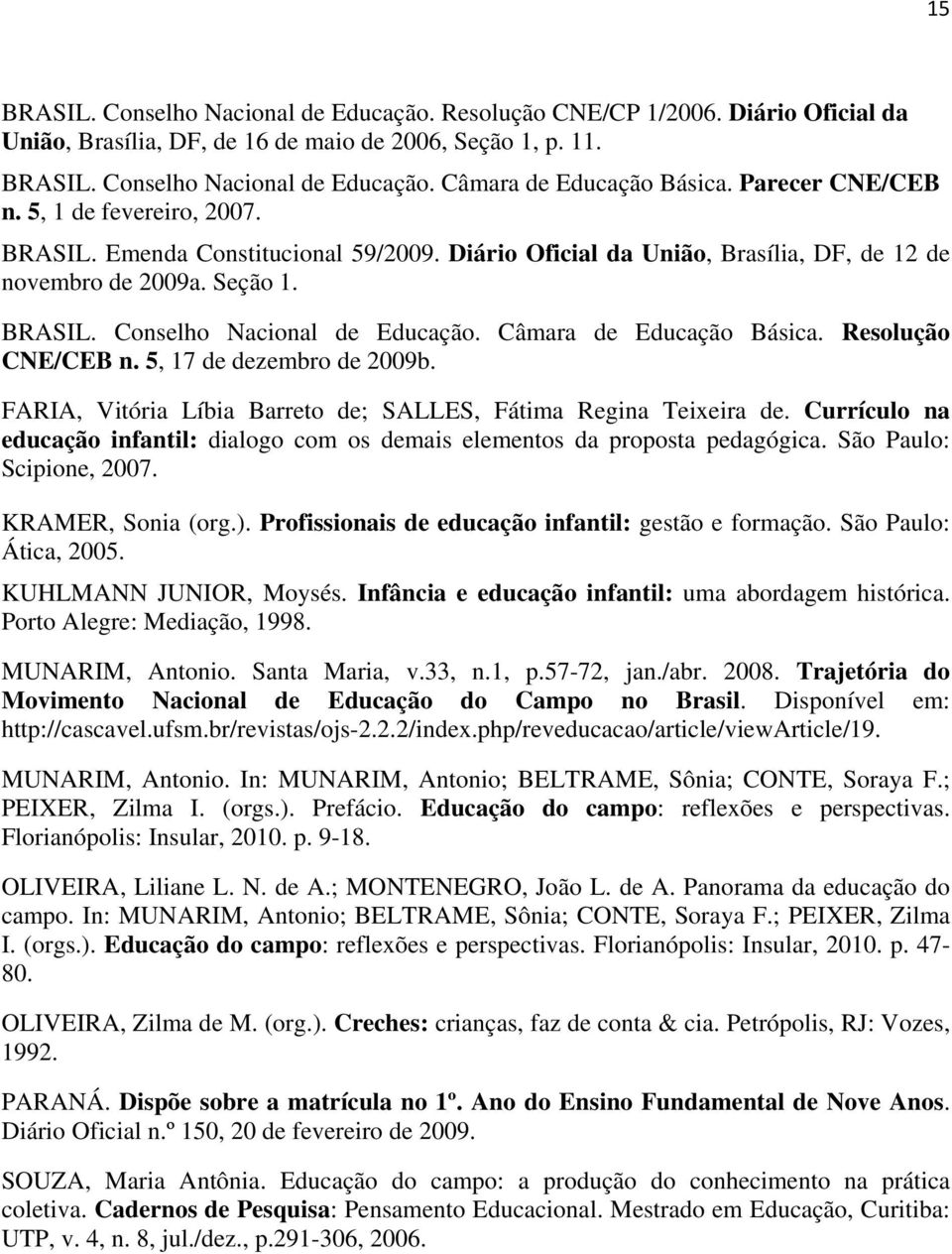 Câmara de Educação Básica. Resolução CNE/CEB n. 5, 17 de dezembro de 2009b. FARIA, Vitória Líbia Barreto de; SALLES, Fátima Regina Teixeira de.