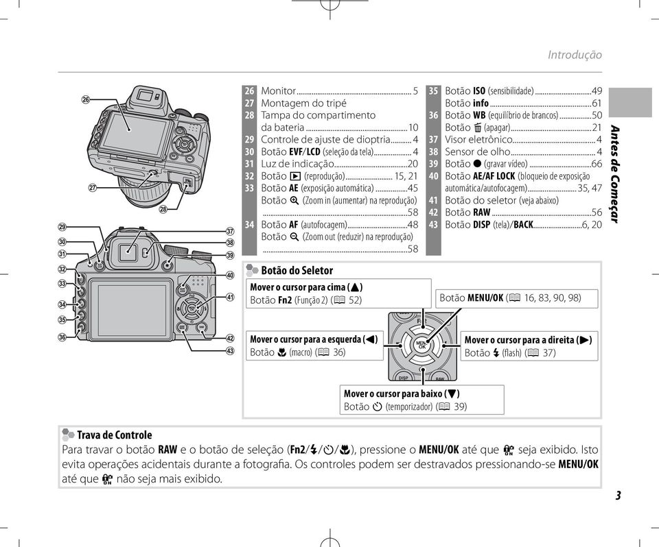 ..58 35 Botão ISO (sensibilidade)...49 Botão info...6 36 Botão WB (equilíbrio de brancos)...50 Botão b (apagar)...2 37 Visor eletrônico... 4 38 Sensor de olho... 4 39 Botão (gravar vídeo).