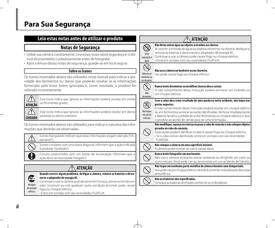 Sobre os Ícones Os ícones mostrados abaixo são utilizados neste manual para indicar a gravidade dos ferimentos ou danos que poderão resultar se as informações fornecidas pelo ícone forem ignoradas e,