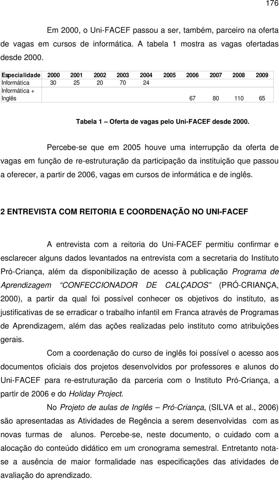 Percebe-se que em 2005 houve uma interrupção da oferta de vagas em função de re-estruturação da participação da instituição que passou a oferecer, a partir de 2006, vagas em cursos de informática e