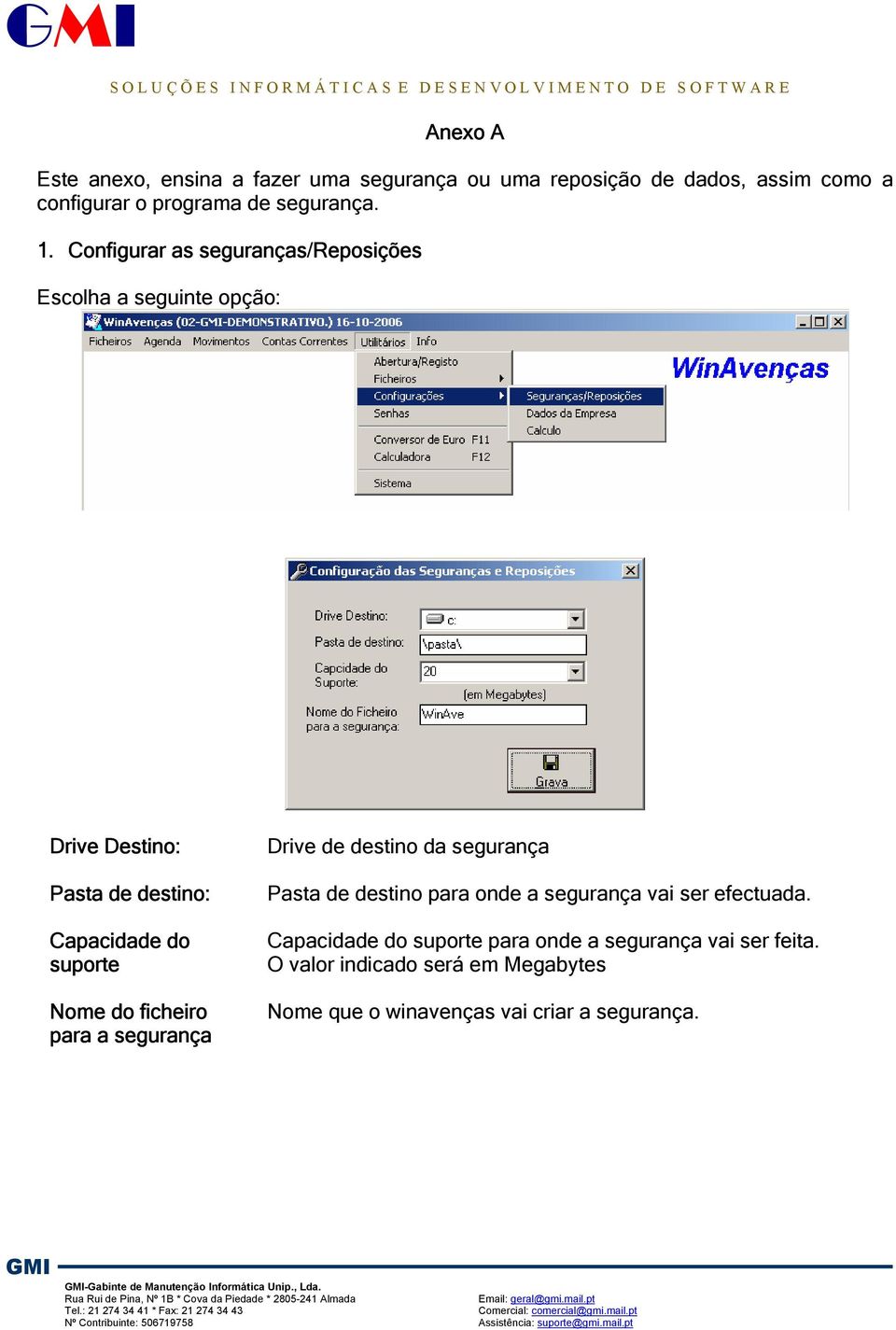 ficheiro para a segurança Drive de destino da segurança Pasta de destino para onde a segurança vai ser efectuada.