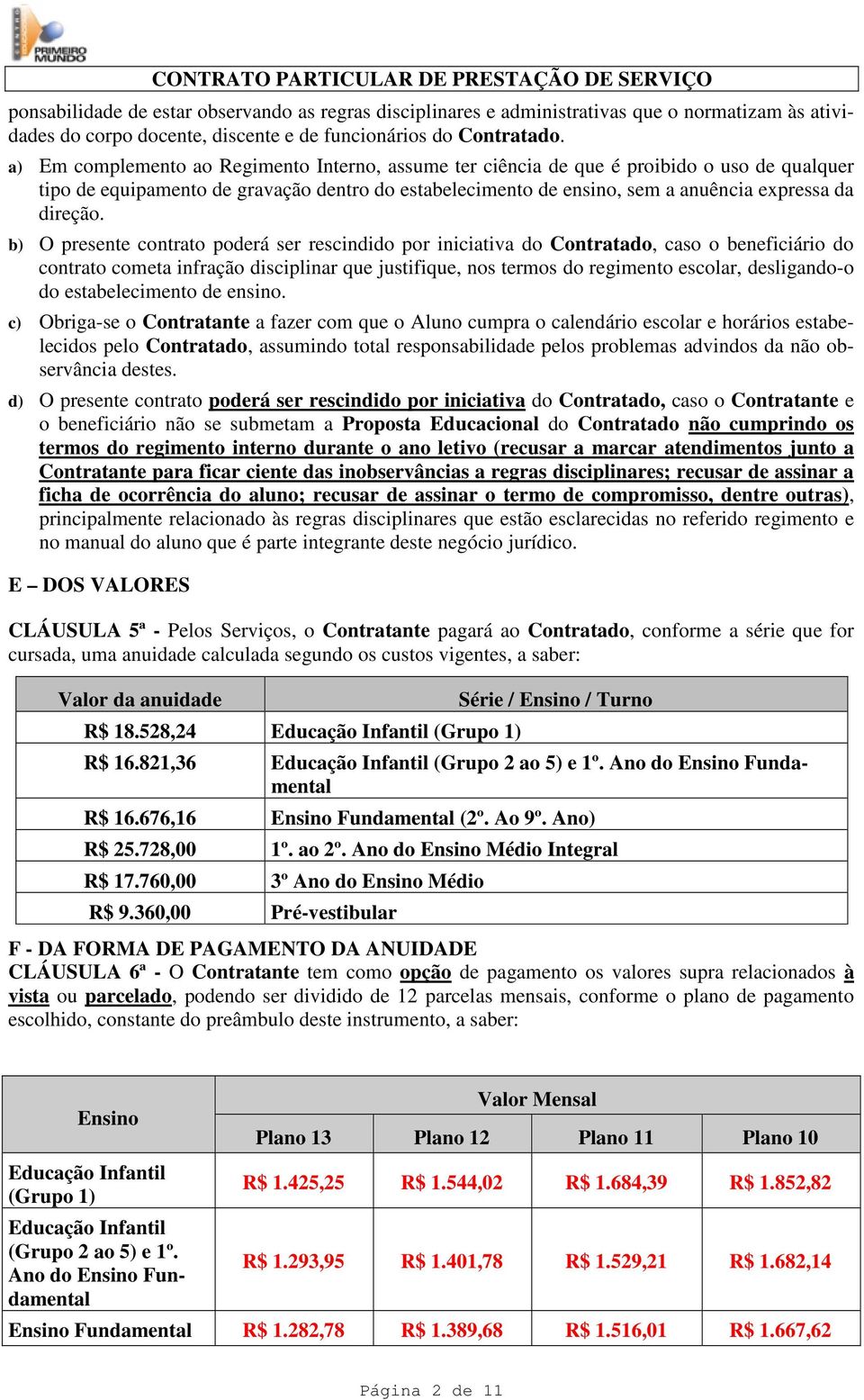 b) O presente contrato poderá ser rescindido por iniciativa do Contratado, caso o beneficiário do contrato cometa infração disciplinar que justifique, nos termos do regimento escolar, desligando-o do