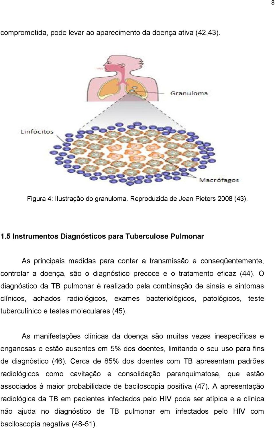 O diagnóstico da TB pulmonar é realizado pela combinação de sinais e sintomas clínicos, achados radiológicos, exames bacteriológicos, patológicos, teste tuberculínico e testes moleculares (45).