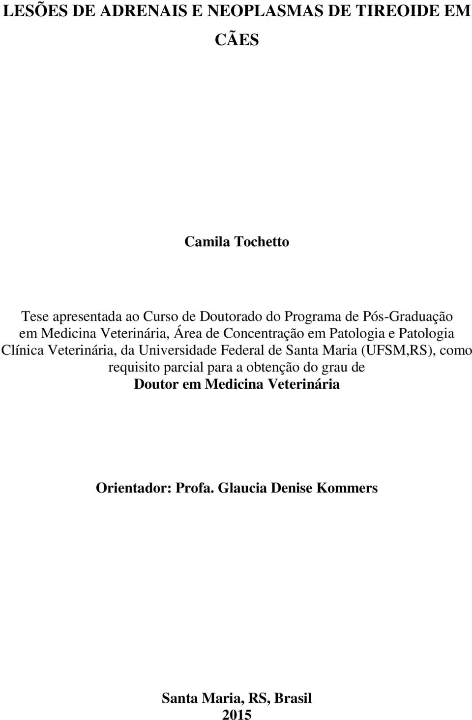 Patologia Clínica Veterinária, da Universidade Federal de Santa Maria (UFSM,RS), como requisito parcial